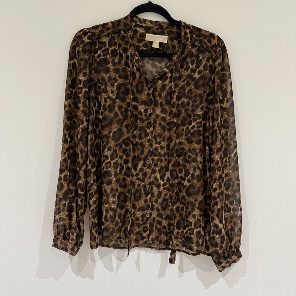 Michael Kors Leopard Button Down Tie Top Sheer Blouse - Size M, EUC